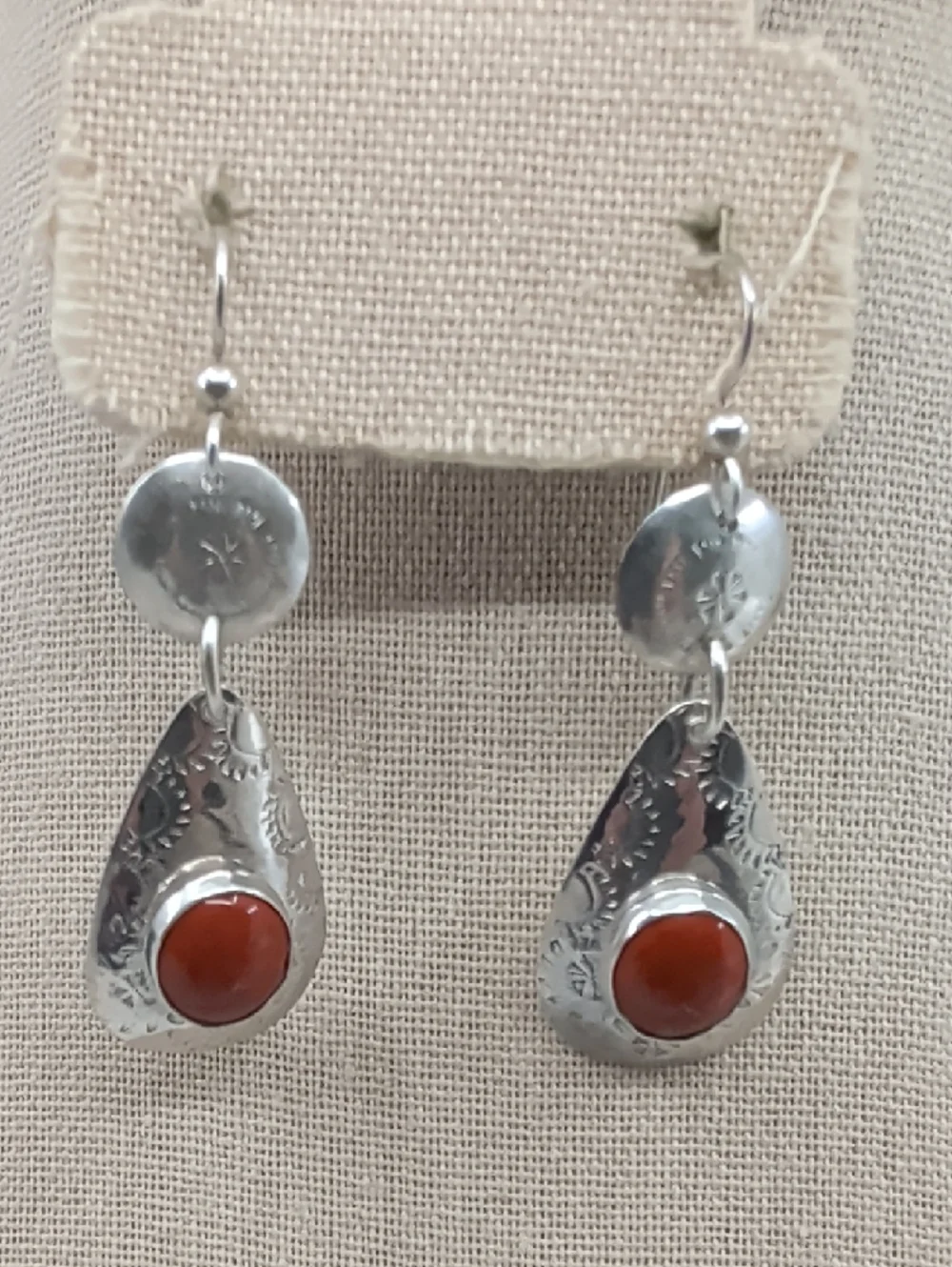 Vintage Sterling Silver Red Coral Cabochon Teardrop Dangle Earrings Artisan